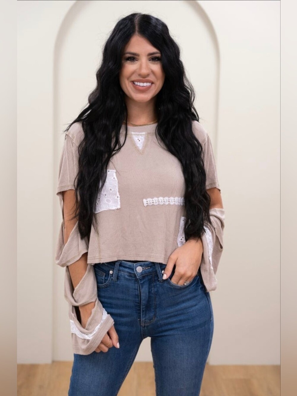 Pol Beige Lace Patchwork Cutout Sleeve Crop Top - Women